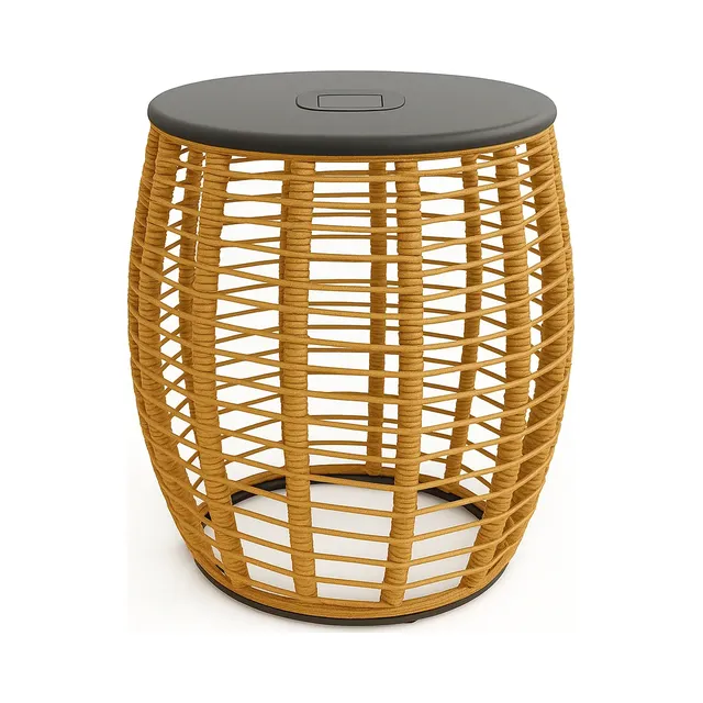 Woven drum side table with a dark round top