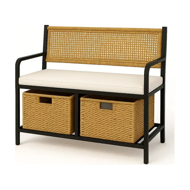 Black bench with a cream cushion and two woven storage baskets