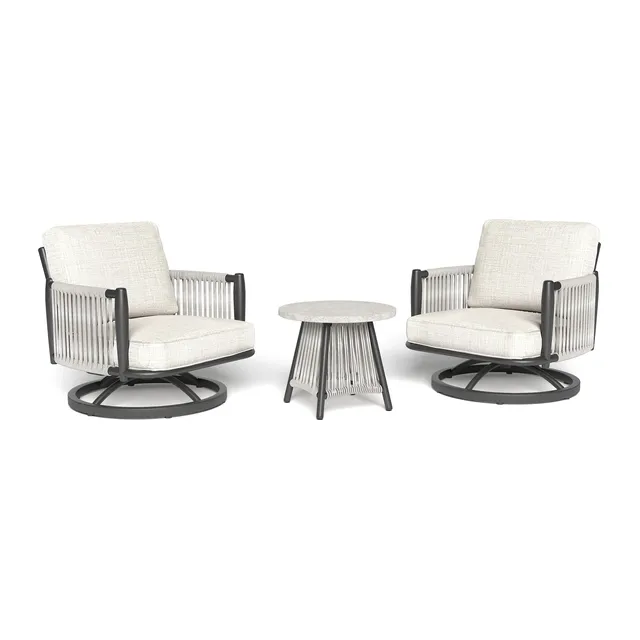 Two woven swivel lounge chairs with a small side table